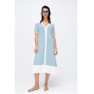 Zara Blue White Stripes Knit Oversized Midi Summer Button Up Dress P1657